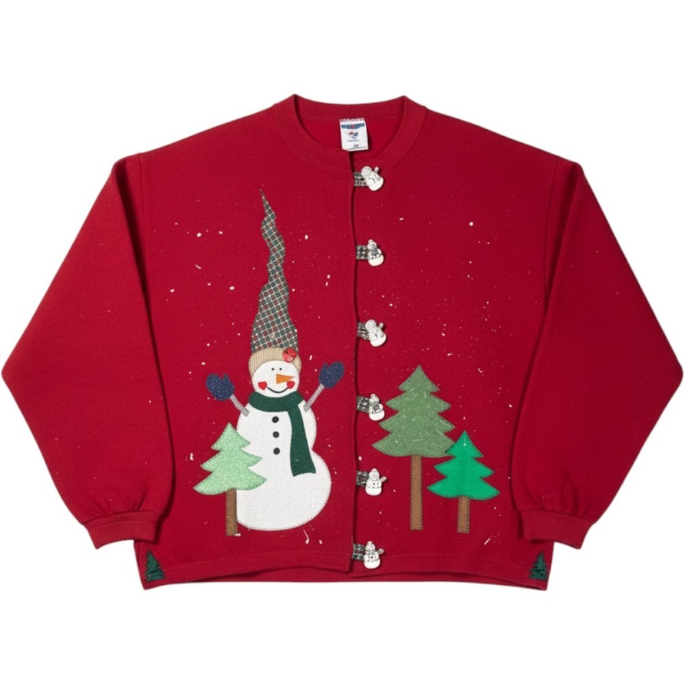 VTG Jerzees Red Snowman Christmas Cardigan Sweatshirt 2X Made in USA Handmade